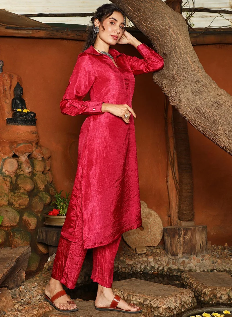  قصة Women's Venetian Red Dusk Ensemble Kurta Set For Casual Wear | Spread Collar | Long Sleeve | 2 Piece Kurta Set Designed With Comfort Fit For Everyday Ethnic Wear